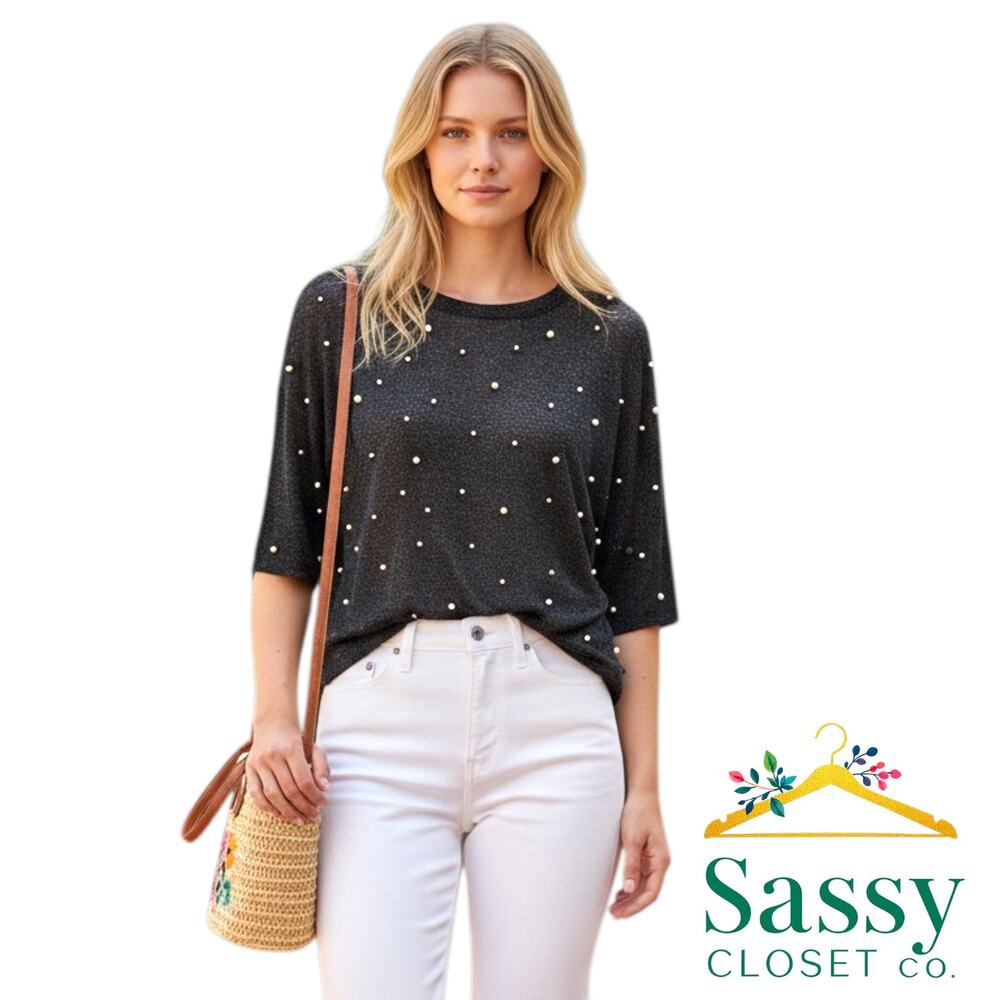 Paradiso Pearl Top M Black Weathered Slub Jersey Embellished Set In Sleeve